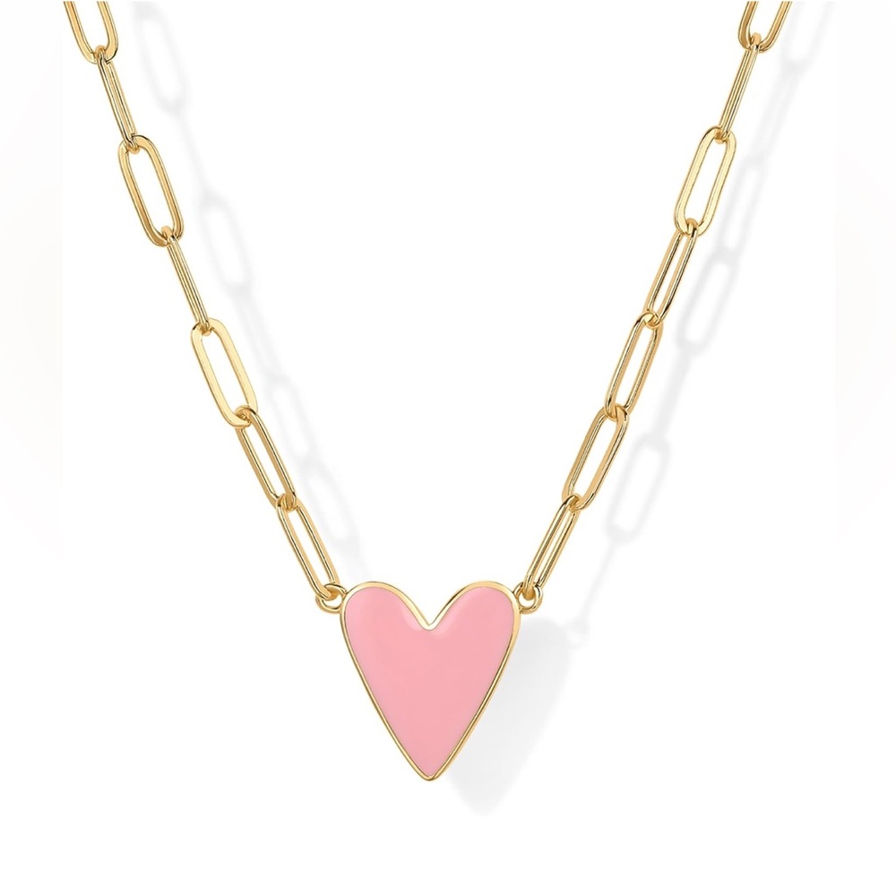 14K Gold Plated Enamel pink Heart paperclip chain necklace 🤍🩷🩵